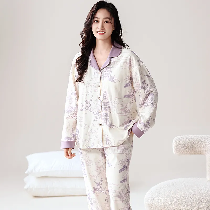 Pretty Lady Pajama Set Women's Beige White Purple-2