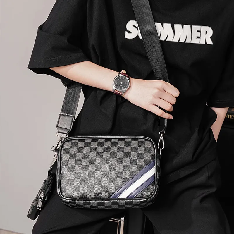 ALNI BITTON Synthetic Leather Combo Bag, Crossbody Bag Regular Men's Black Plaid-7