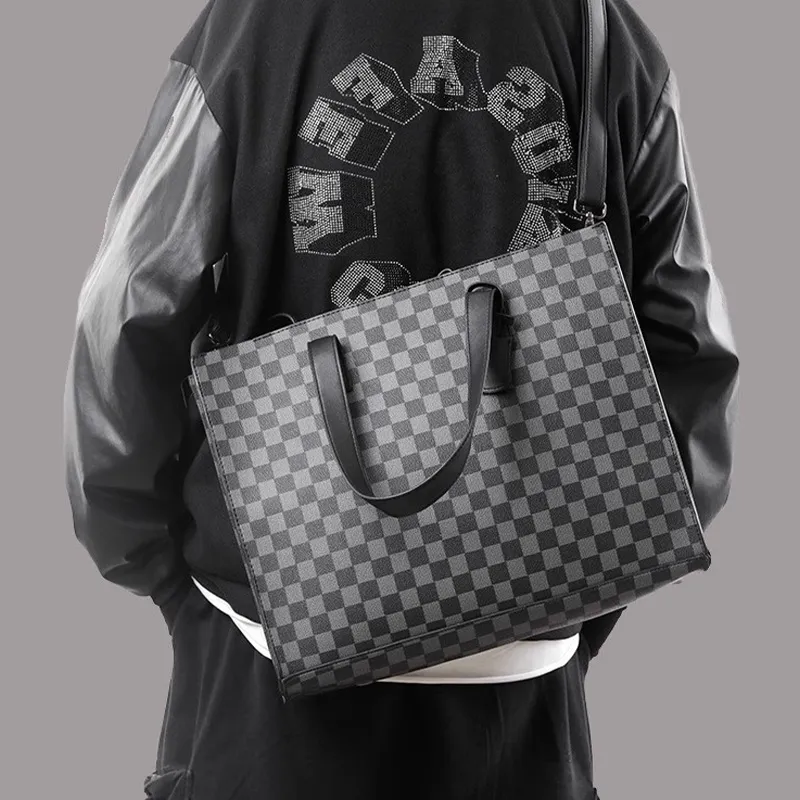 ALNI BITTON PU Handbag Shoulder Bag Crossbody Bag Regular Men's Black/Matte Gray/Textured Black/Plaid-35