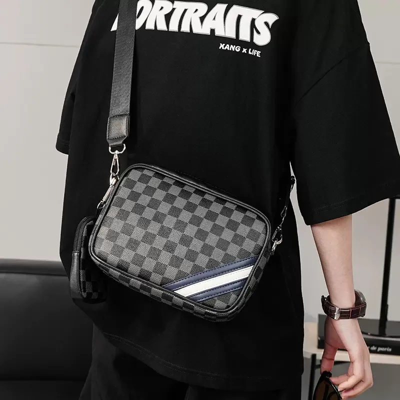 ALNI BITTON Synthetic Leather Combo Bag, Crossbody Bag Regular Men's Black Plaid-6