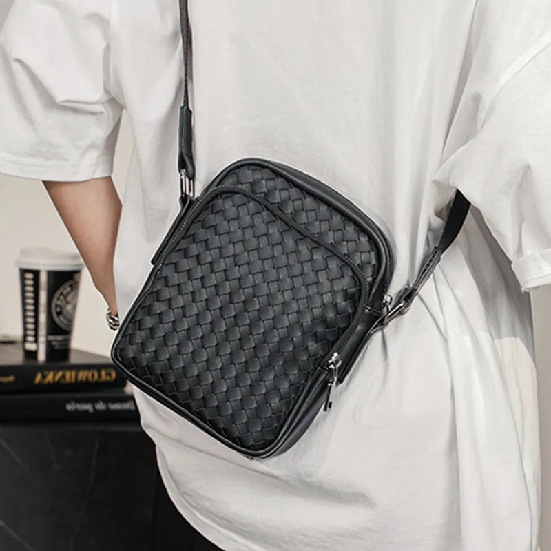 ALNI BITTON Synthetic Leather Small Square Bag Shoulder Bag Crossbody Bag Regular Men's Black/Black Woven-12