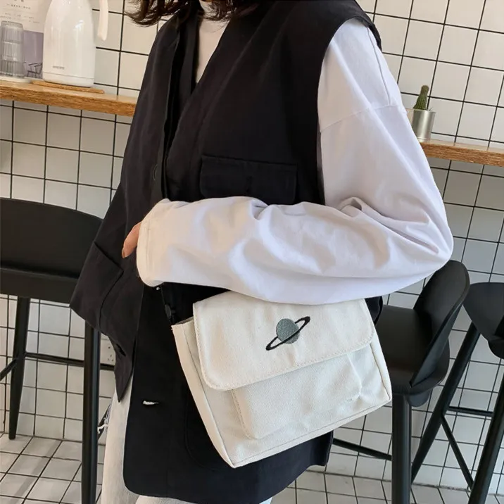 Techson Canvas Bag, Shoulder Bag, Crossbody Bag Small Size Unisex Black/White-6