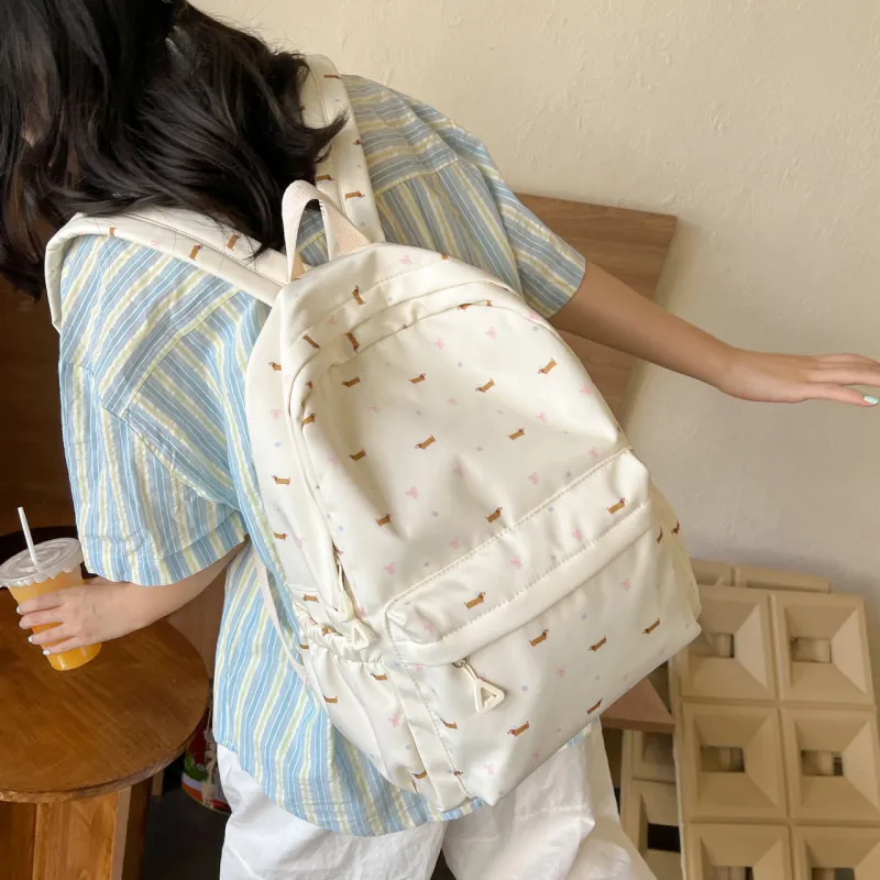 Techson Composite Cloth Backpack Regular Unisex Beige White Brown Dog/Ecru Dachshund-3