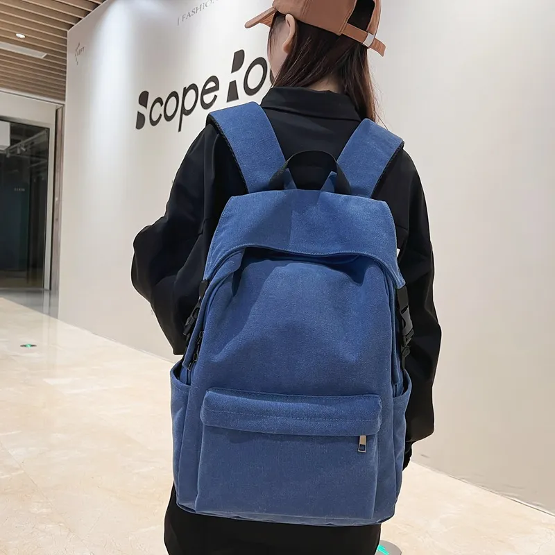 Techson Canvas Backpack Medium Size Unisex Black/Gray/Blue-6