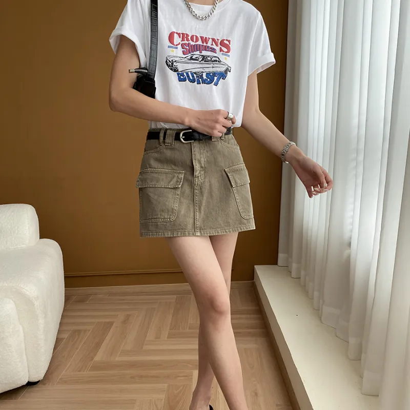 CHARM PICK Denim Short Skirts Women's Olive-6