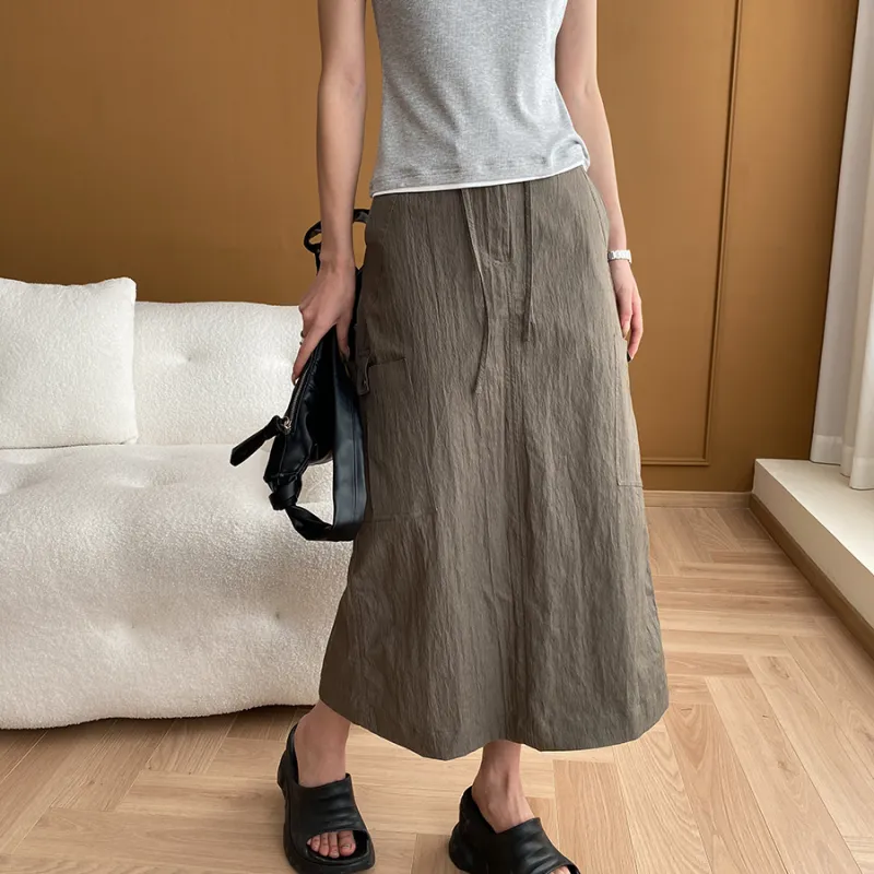 CHARM PICK Casual Long Skirt Women's Army Green-2