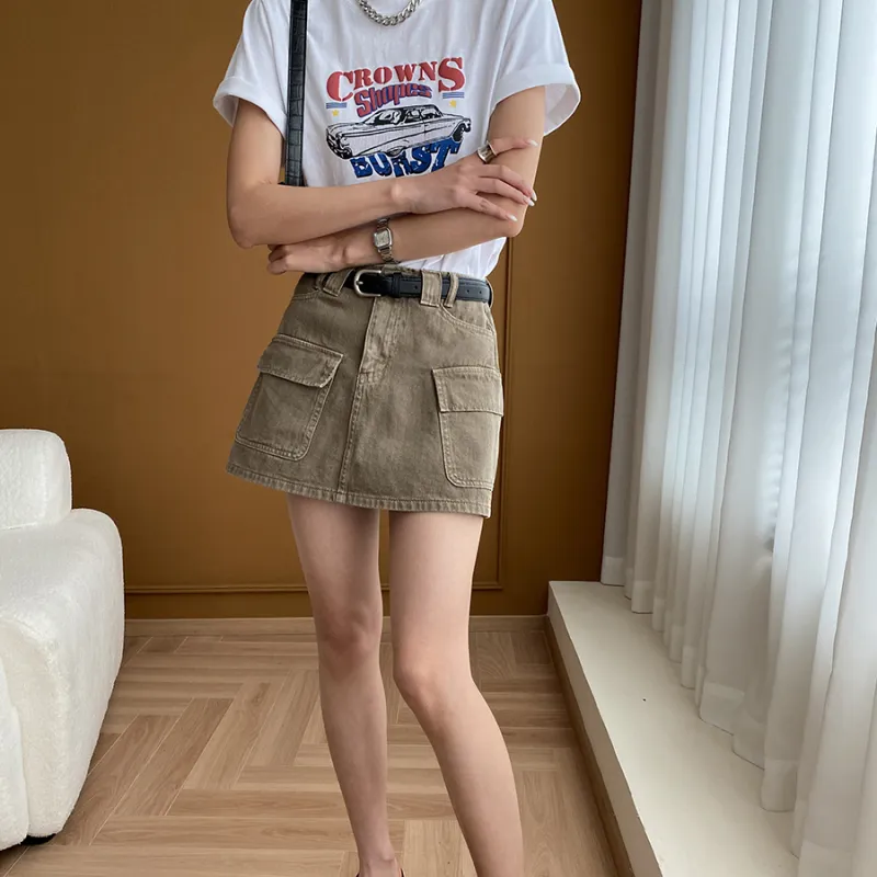 CHARM PICK Denim Short Skirts Women's Olive-8
