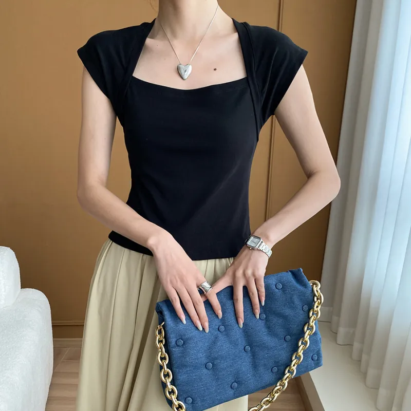 CHARM PICK Flutter Sleeve T Shirt Women's Black-7