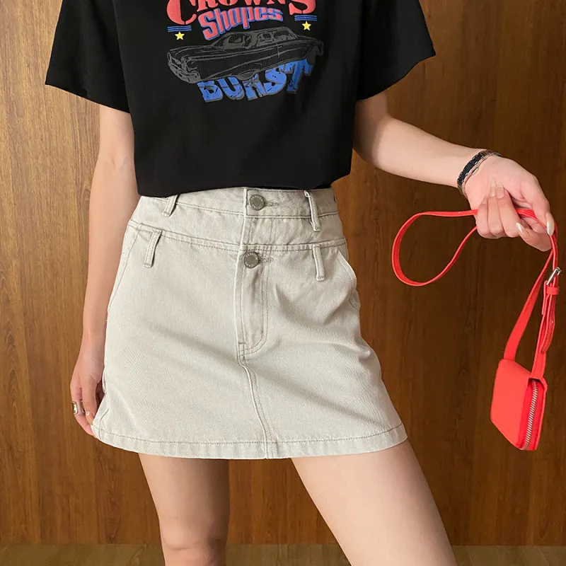 CHARM PICK Denim Short Skirts Women's Apricot-5