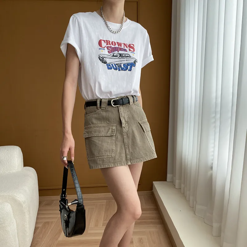 CHARM PICK Denim Short Skirts Women's Olive-5