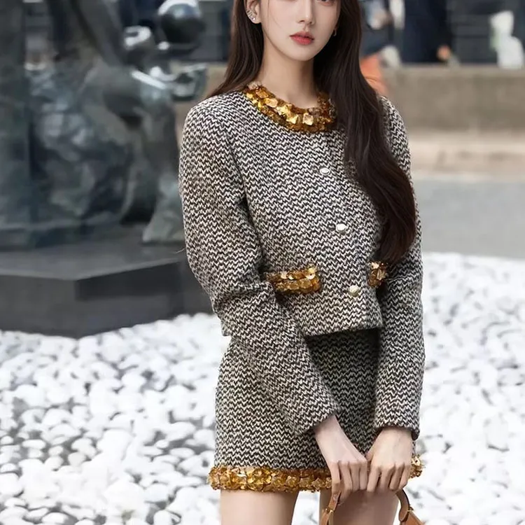 CHARM PICK Skirt Set Women's Black White Texture-4
