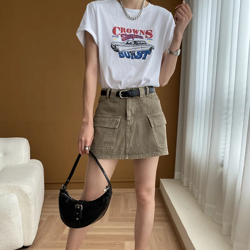 CHARM PICK Denim Short Skirts Women's Olive-4