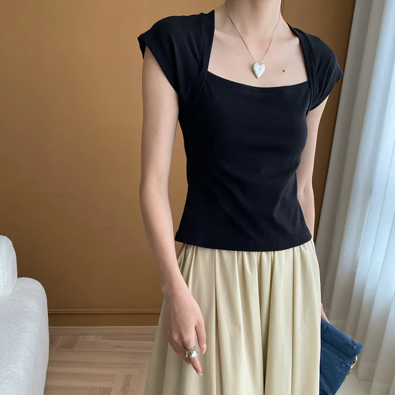 CHARM PICK Flutter Sleeve T Shirt Women's Black-6