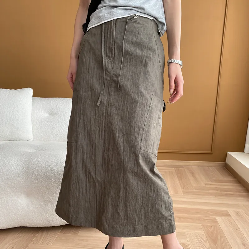 CHARM PICK Casual Long Skirt Women's Army Green-7