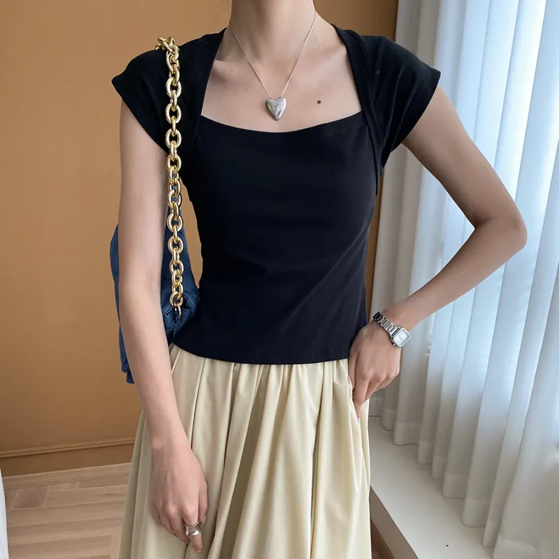 CHARM PICK Flutter Sleeve T Shirt Women's Black-5
