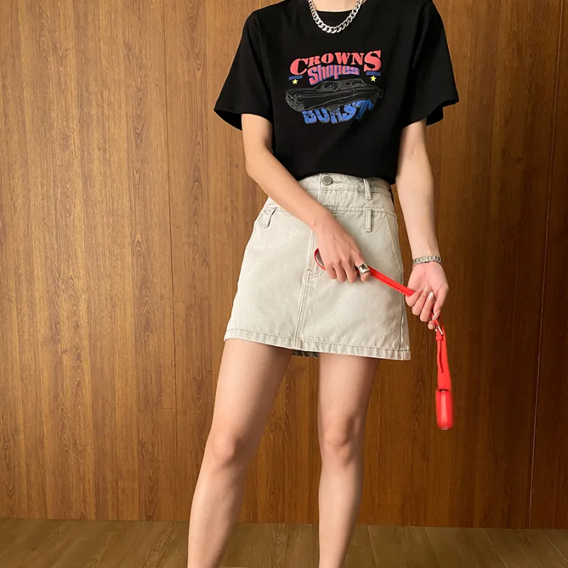 CHARM PICK Denim Short Skirts Women's Apricot-4