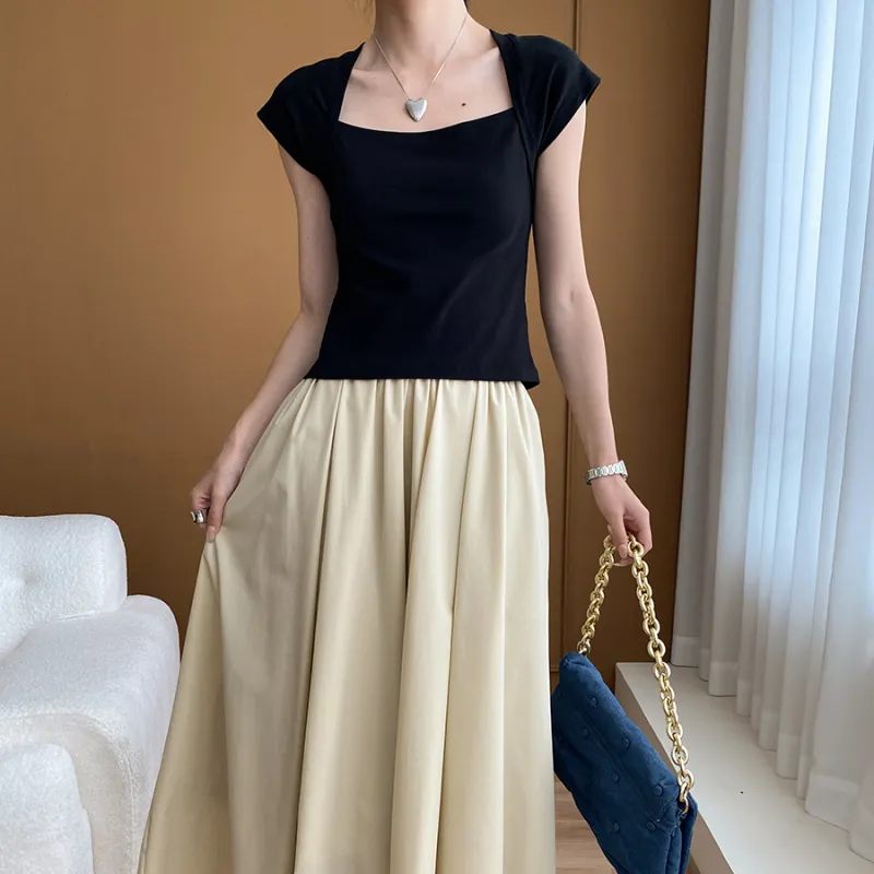 CHARM PICK Flutter Sleeve T Shirt Women's Black-2