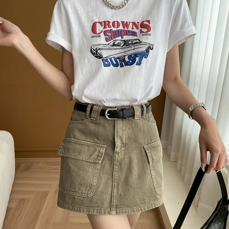 CHARM PICK Denim Short Skirts Women's Olive-9