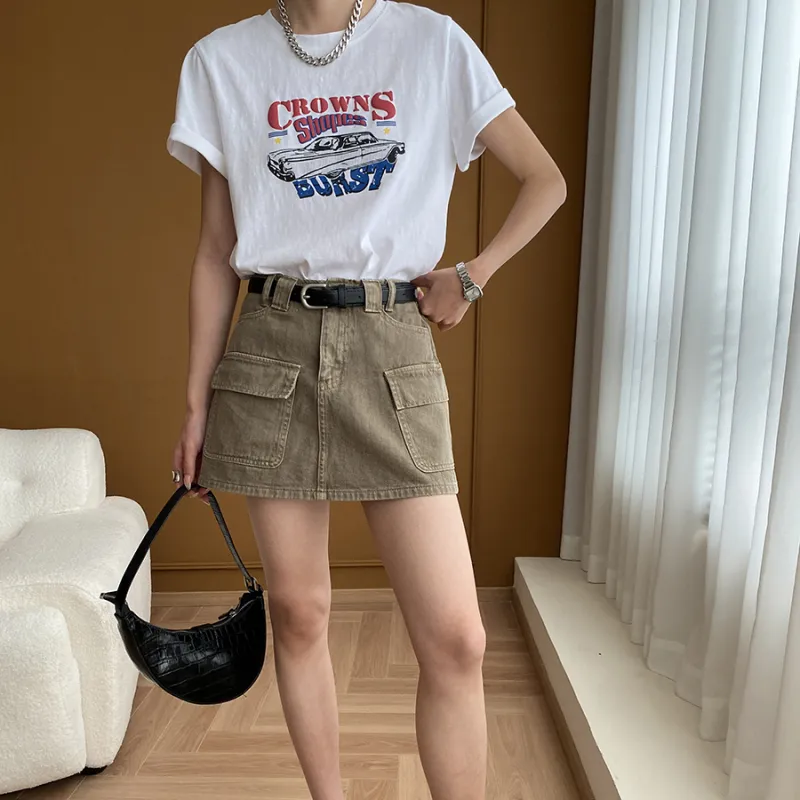CHARM PICK Denim Short Skirts Women's Olive-2