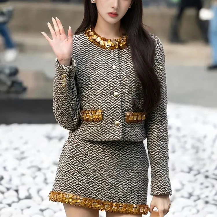 CHARM PICK Skirt Set Women's Black White Texture-3