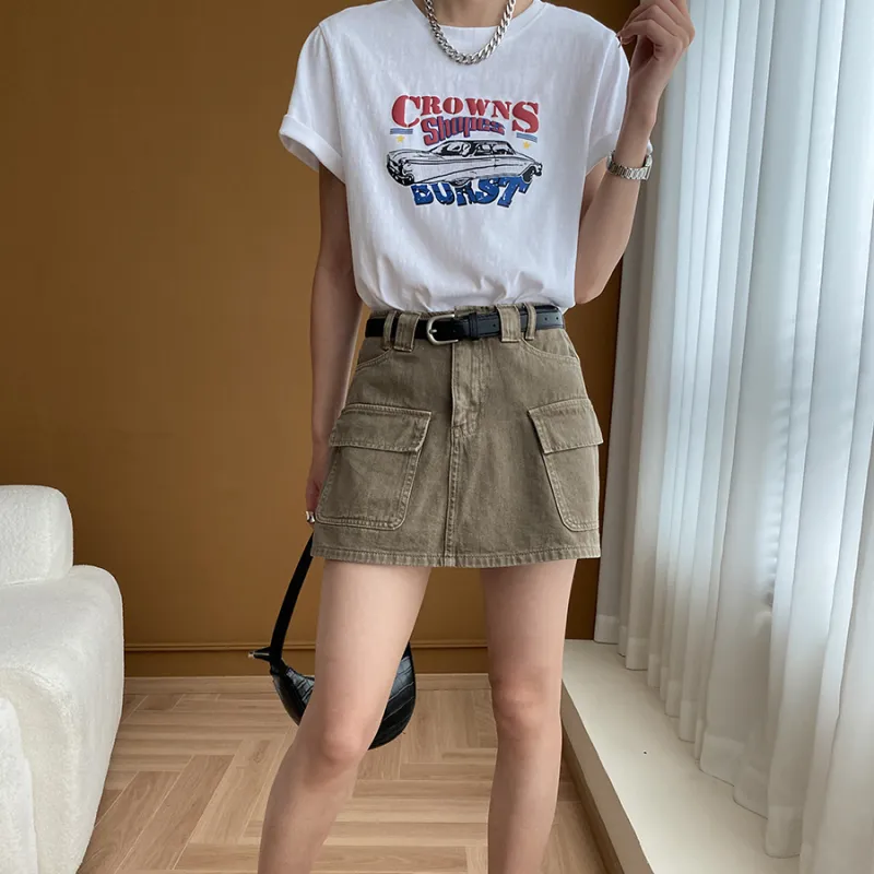 CHARM PICK Denim Short Skirts Women's Olive-3