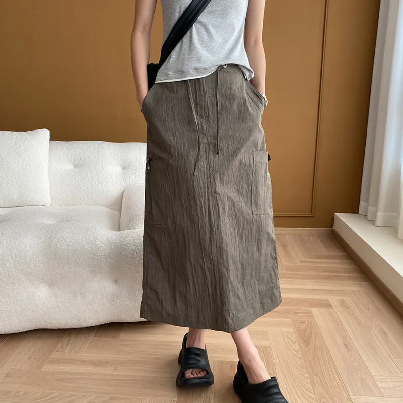 CHARM PICK Casual Long Skirt Women's Army Green-5