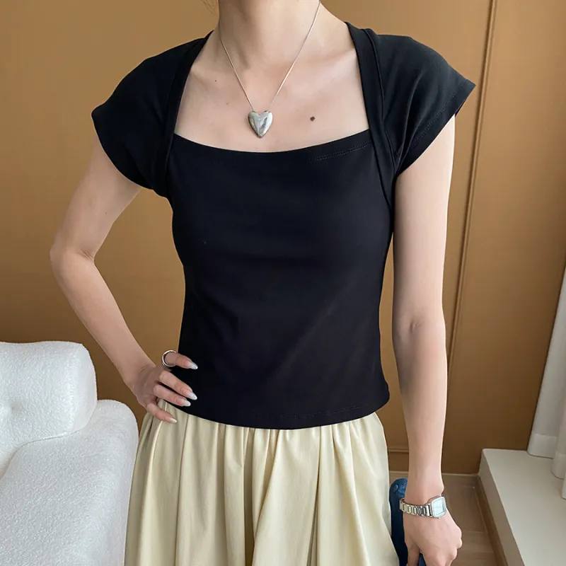 CHARM PICK Flutter Sleeve T Shirt Women's Black-8