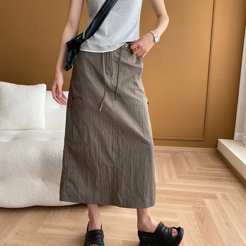 CHARM PICK Casual Long Skirt Women's Army Green-4