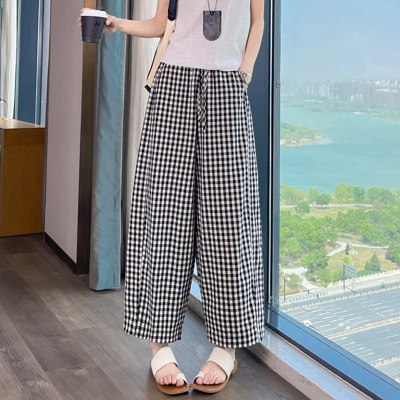 SITOL Casual Pants Women's Black White Plaid-2