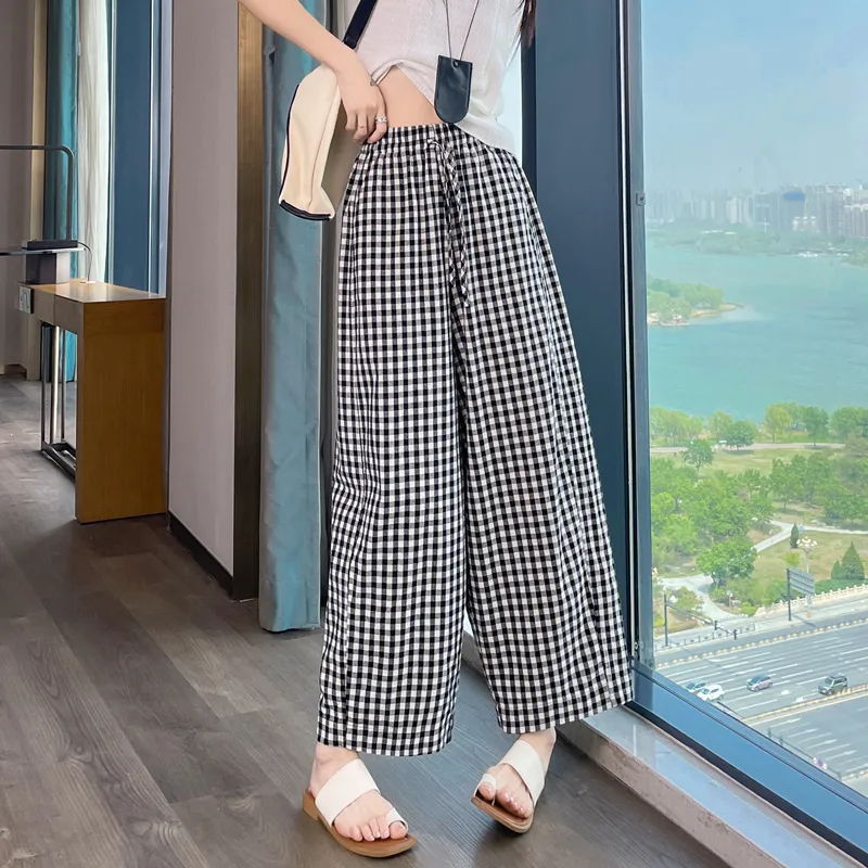 SITOL Casual Pants Women's Black White Plaid-5