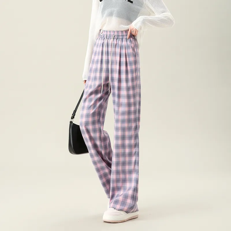 SITOL Casual Pants Women's Pink Plaid-4