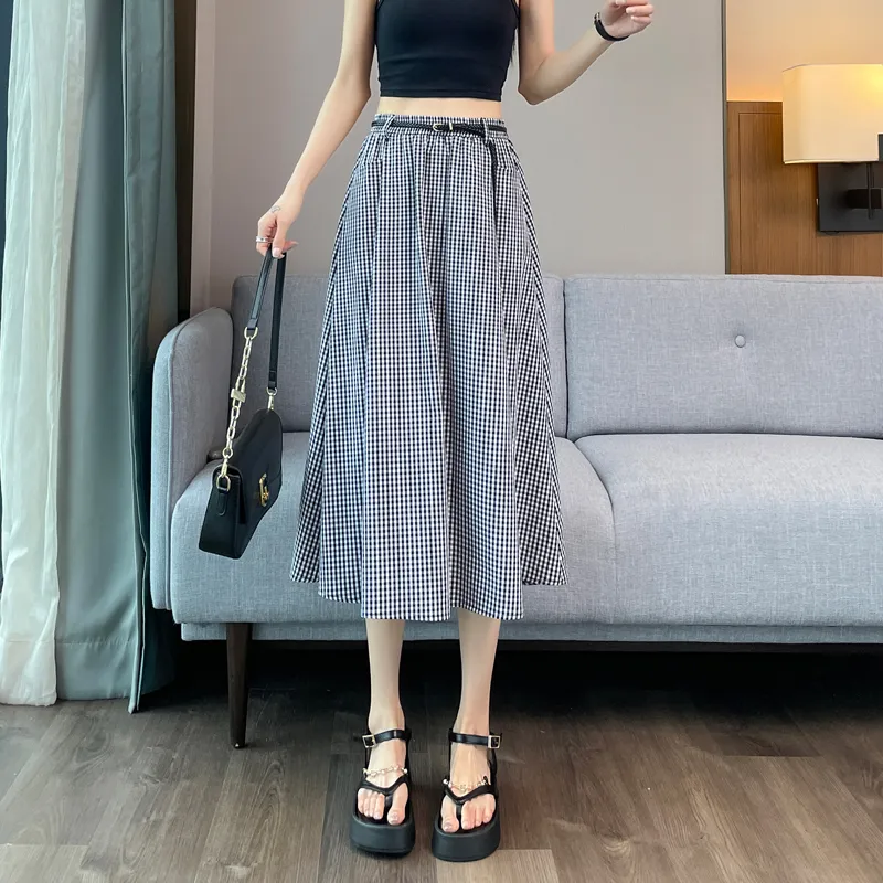 SITOL Casual Long Skirts Women's Black White Plaid-2