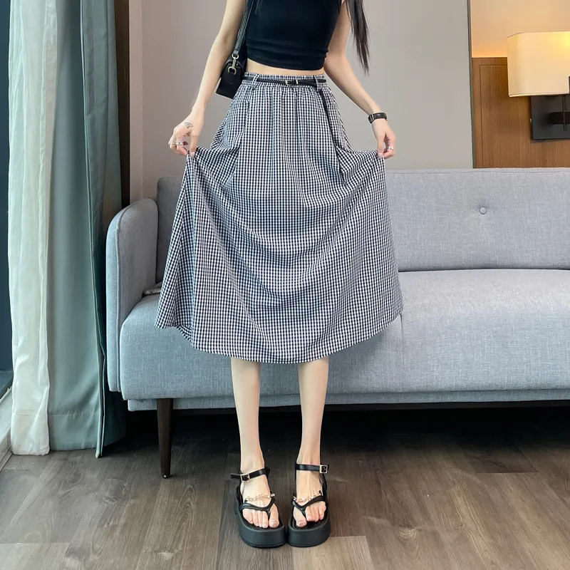 SITOL Casual Long Skirts Women's Black White Plaid-5