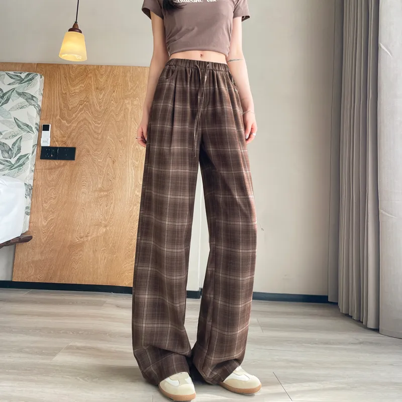 SITOL Casual Pants Women's Coffee Plaid-4