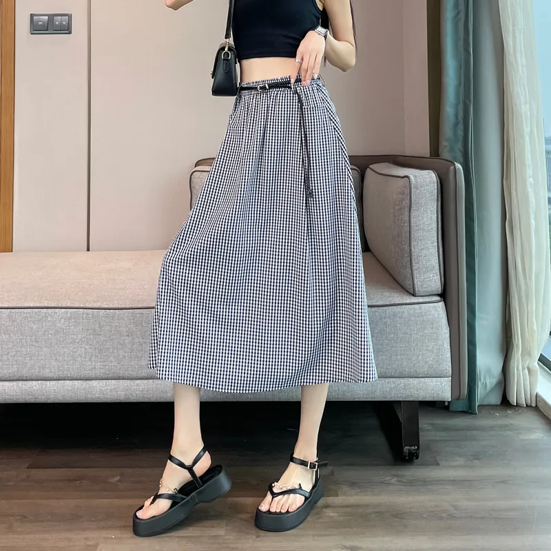 SITOL Casual Long Skirts Women's Black White Plaid-4