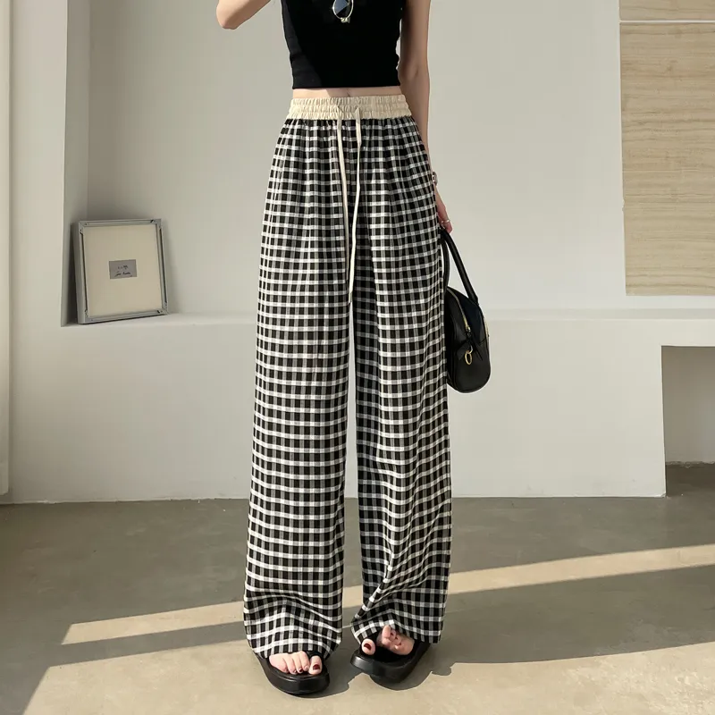 SITOL Casual Pants Women's Black White Plaid-12