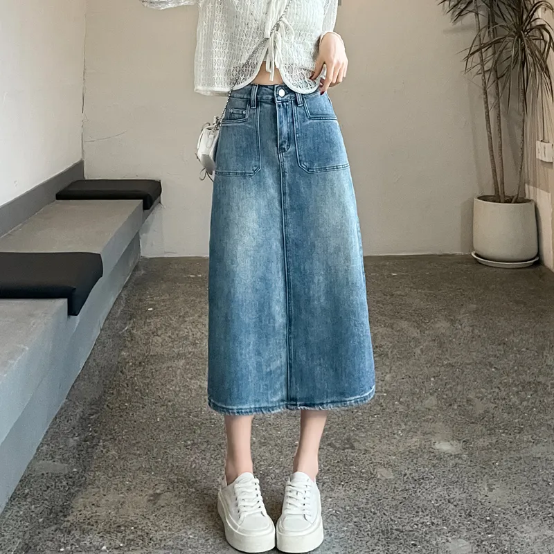 SITOL Denim Long Skirts Women's Blue-2