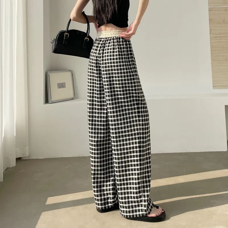 SITOL Casual Pants Women's Black White Plaid-13