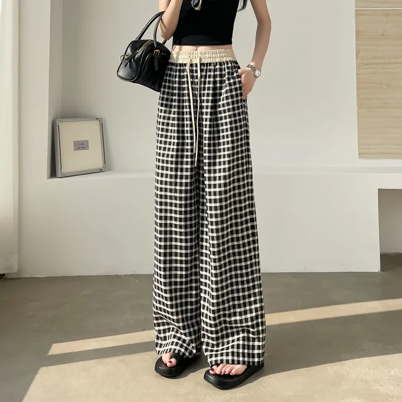 SITOL Casual Pants Women's Black White Plaid-9