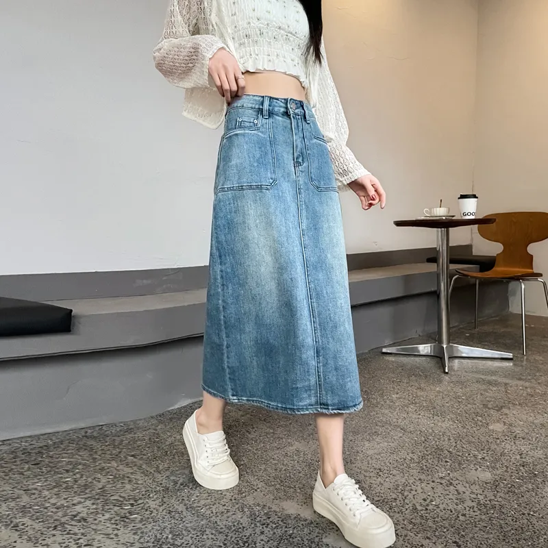 SITOL Denim Long Skirts Women's Blue-5