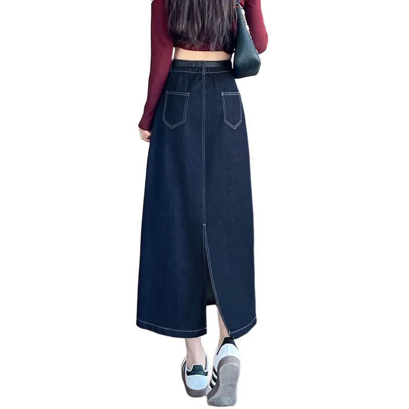 SITOL Denim Long Skirts Women's Blue-1