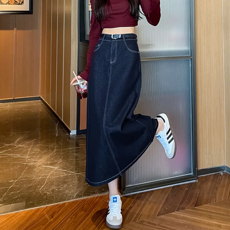 SITOL Denim Long Skirts Women's Blue-5
