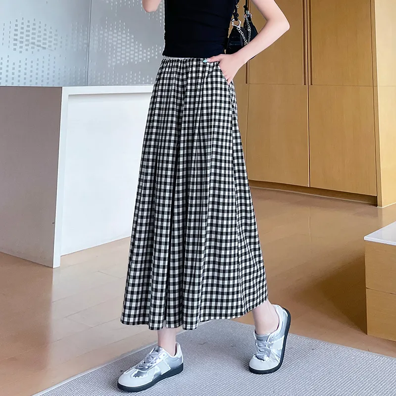 SITOL Casual Long Skirts Women's Black White Plaid-3