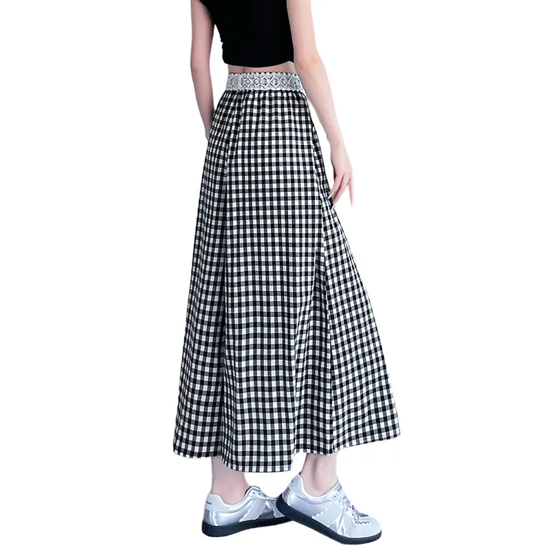 SITOL Casual Long Skirts Women's Black White Plaid-1