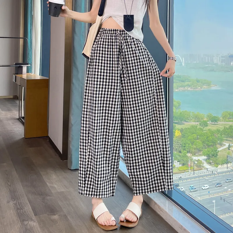 SITOL Casual Pants Women's Black White Plaid-4