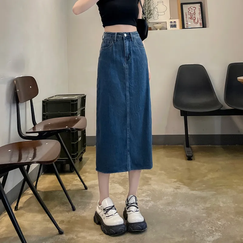 SITOL Denim Long Skirts Women's Blue-4