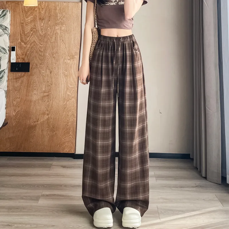 SITOL Casual Pants Women's Coffee Plaid-2