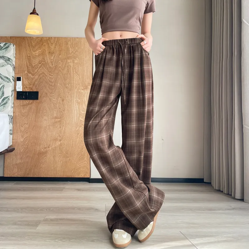SITOL Casual Pants Women's Coffee Plaid-3
