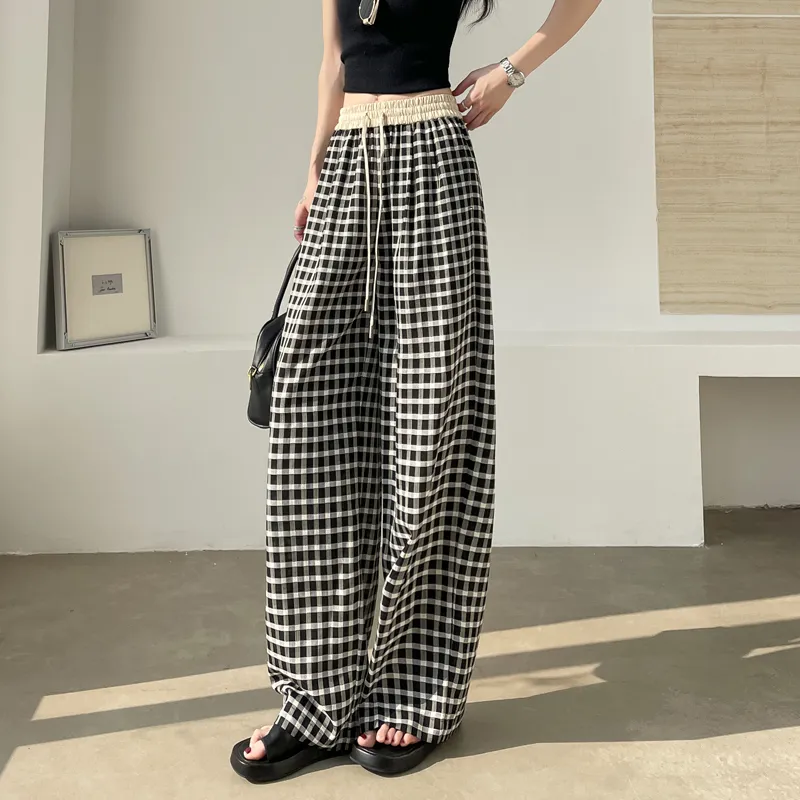 SITOL Casual Pants Women's Black White Plaid-10