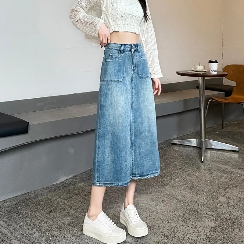 SITOL Denim Long Skirts Women's Blue-4